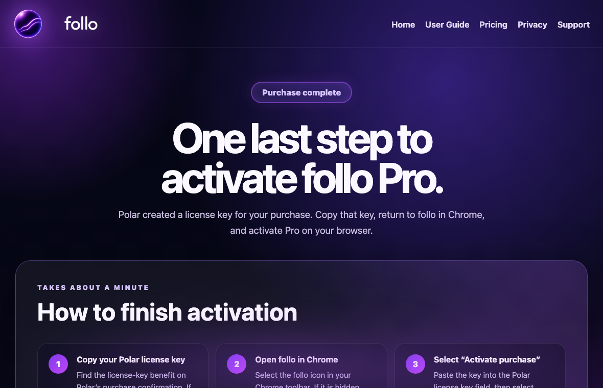 The follo Pro activation page showing the three activation steps