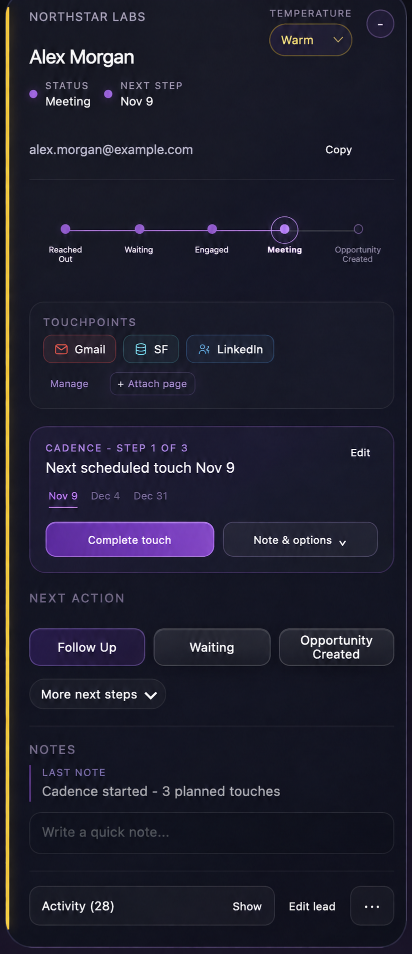 Follo lead card showing one relationship with Gmail, Salesforce, and LinkedIn touchpoint links, its status, and next scheduled touch