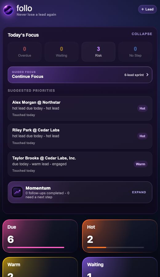 The follo side panel with Today’s Focus dashboard