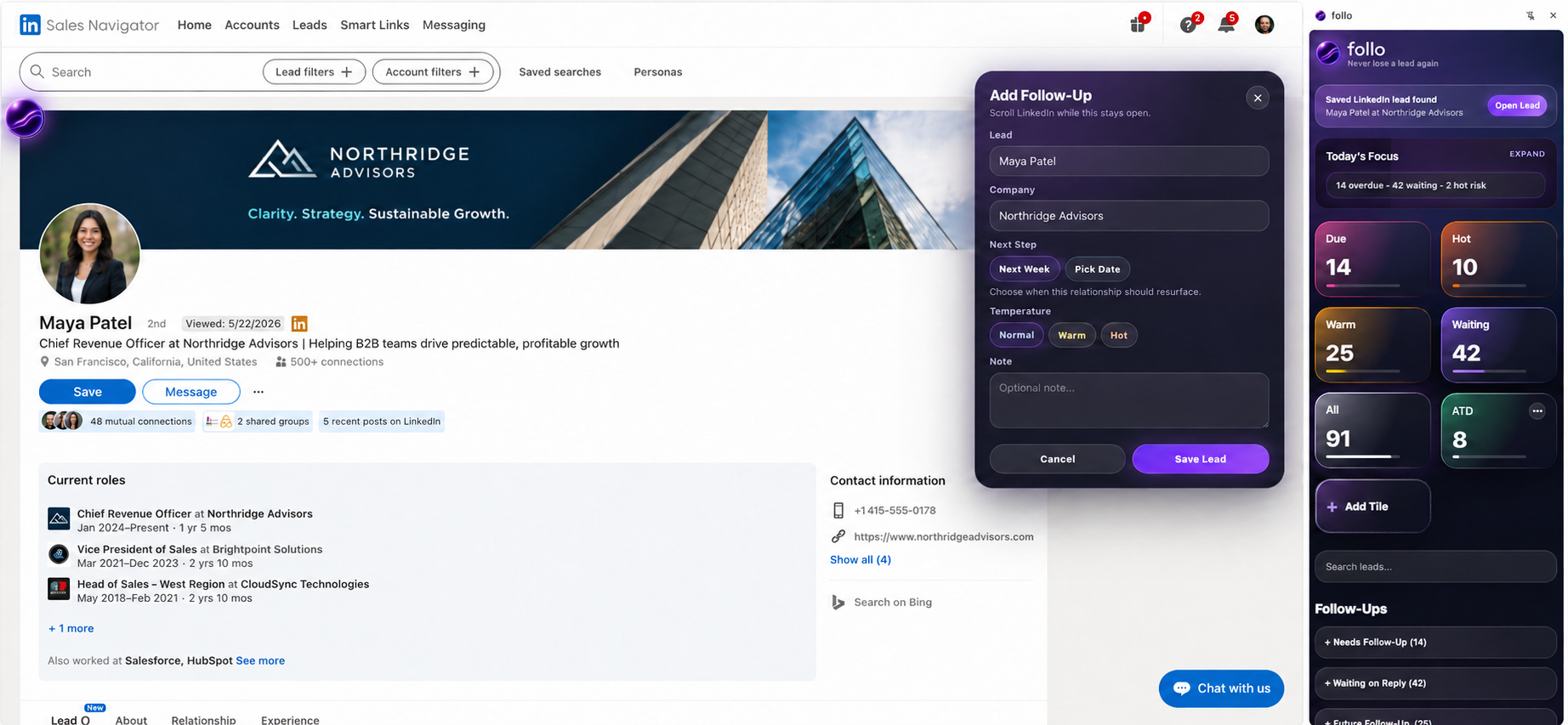 The follo orb beside a LinkedIn profile with a lead ready to save