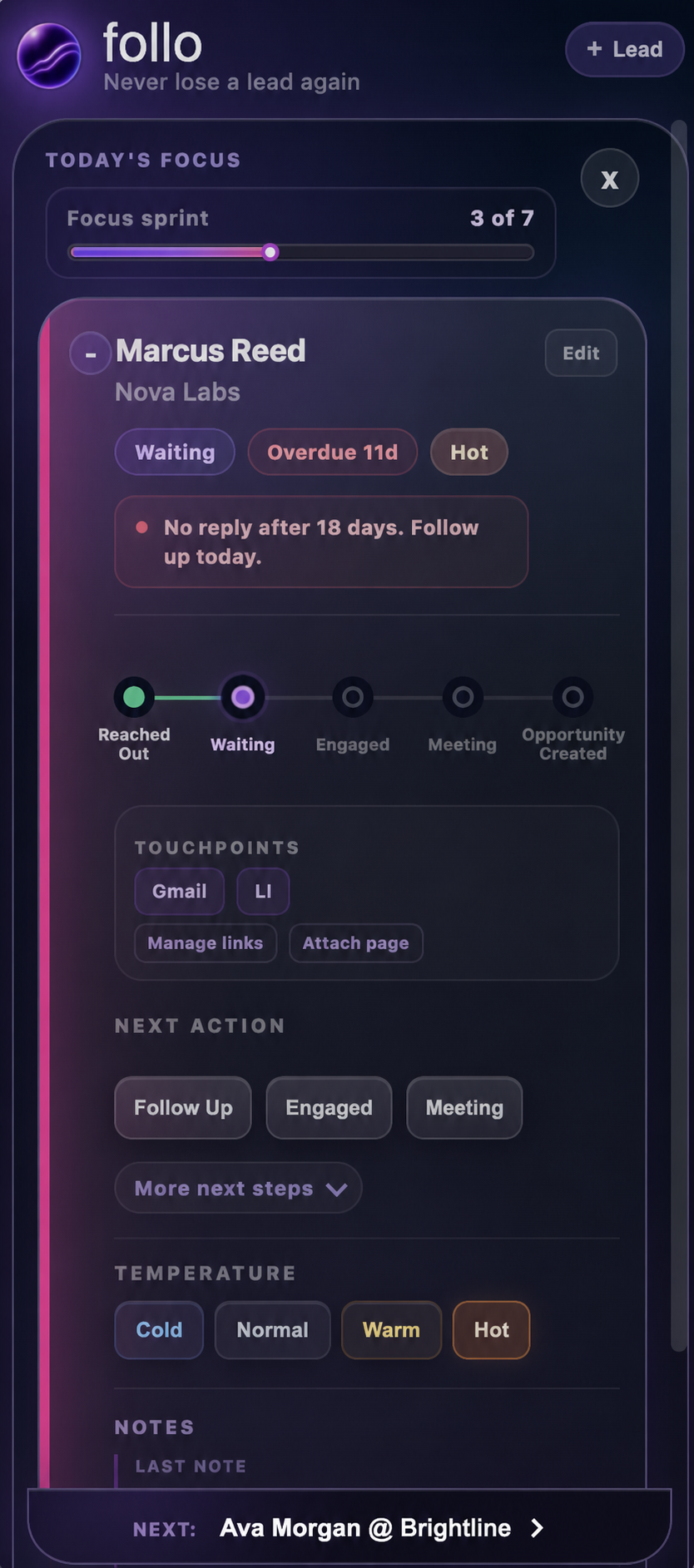 follo Focus Sprint guiding a user through priority leads
